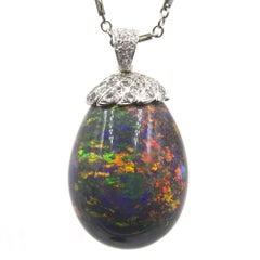 90 Carat Black Opal Diamond 18 Karat White Gold Pendant Necklace