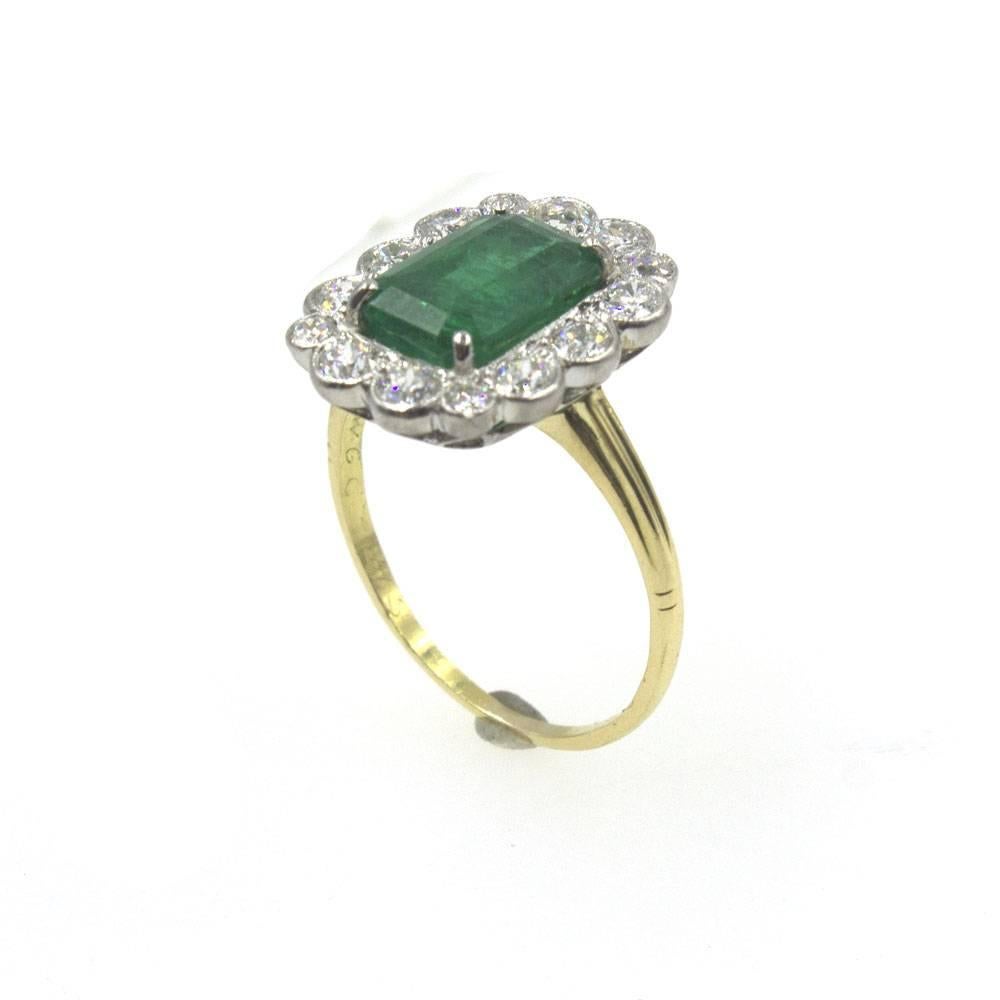 Art Deco 1930s Emerald Diamond Platinum 18 Karat Yellow Gold Cocktail Ring