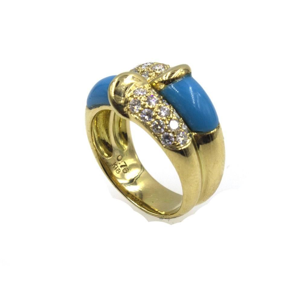 Modern Turquoise Diamond 18 Karat Yellow Gold Two-Row Band Ring 