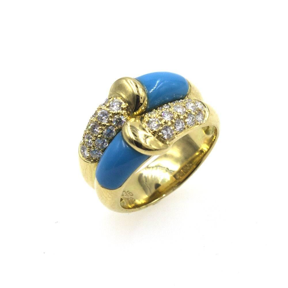 Round Cut Turquoise Diamond 18 Karat Yellow Gold Two-Row Band Ring 