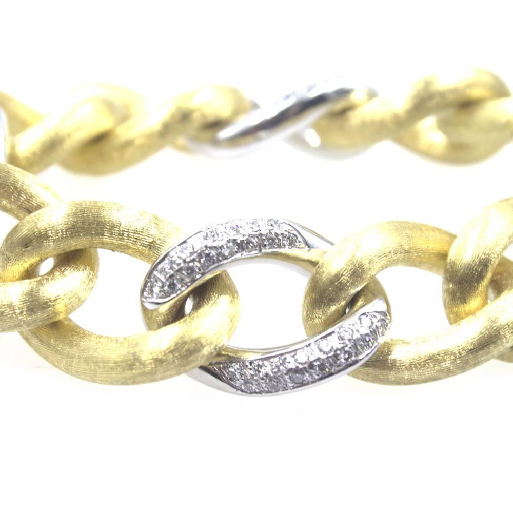 Round Cut Italian Diamond 18 Karat Two-Tone Satin Finished Gold Link Bracelet