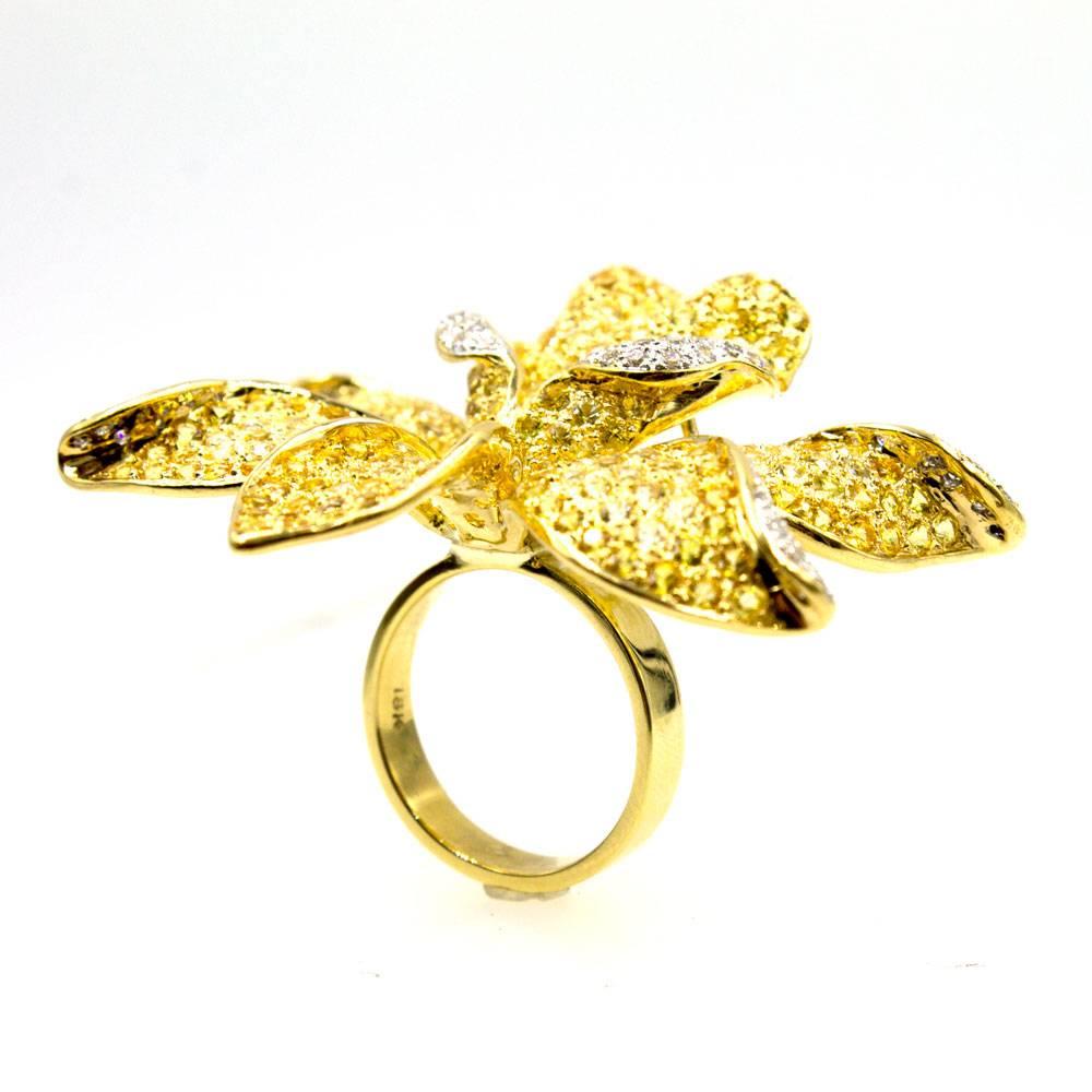 Modern Diamond Yellow Sapphire 18 Karat Yellow Gold Floral Statement Ring