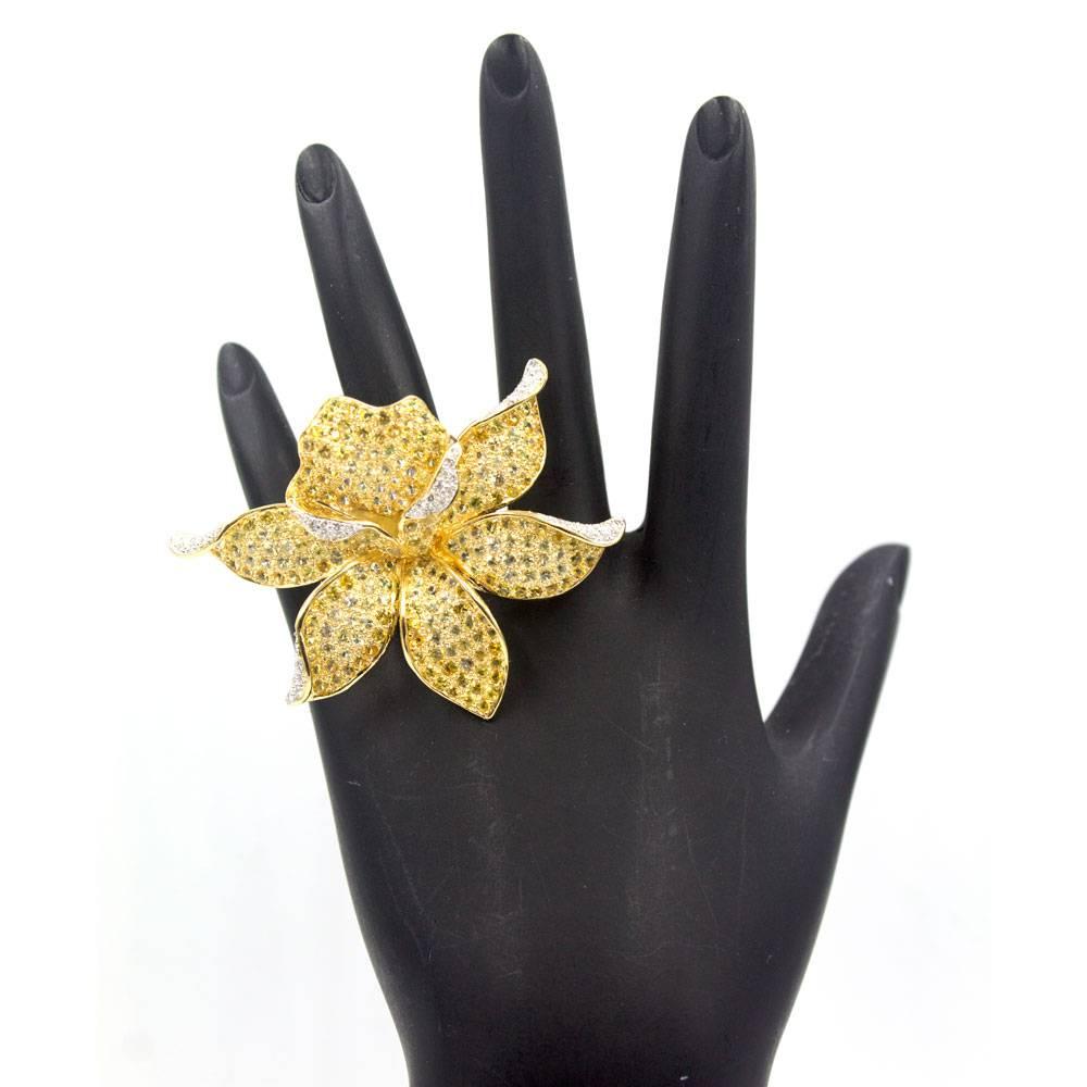 Diamond Yellow Sapphire 18 Karat Yellow Gold Floral Statement Ring 1