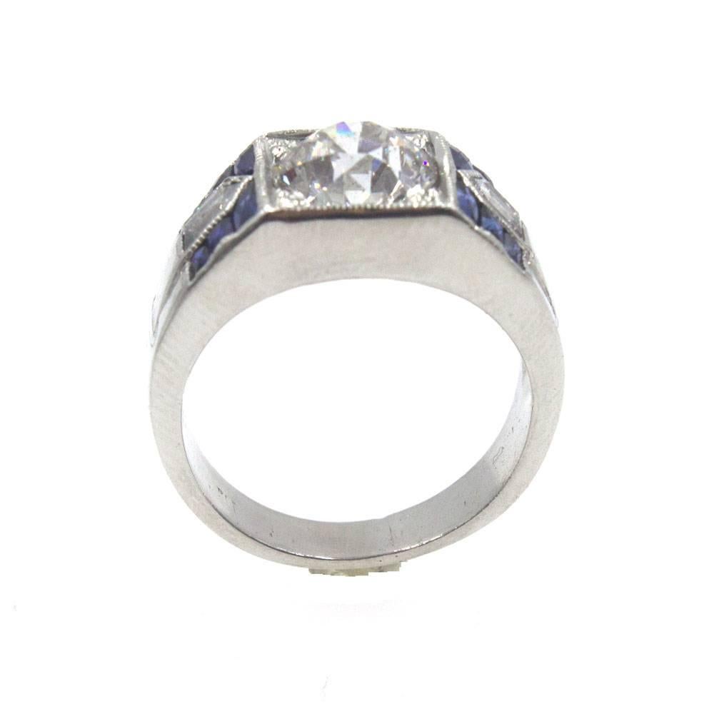 Old European Cut Art Deco Diamond Sapphire Platinum Engagement Ring