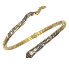 Antique 22 Karat Yellow Gold Rose Cut Diamond Snake Cuff Bracelet