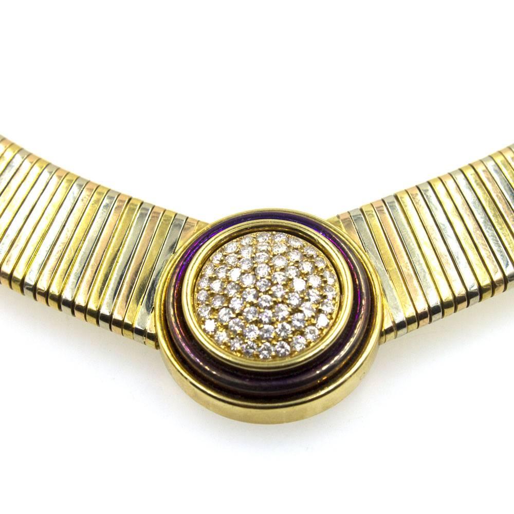 Modern 1970s Italian Diamond Tubegos 18 Karat Tri Color Gold Necklace