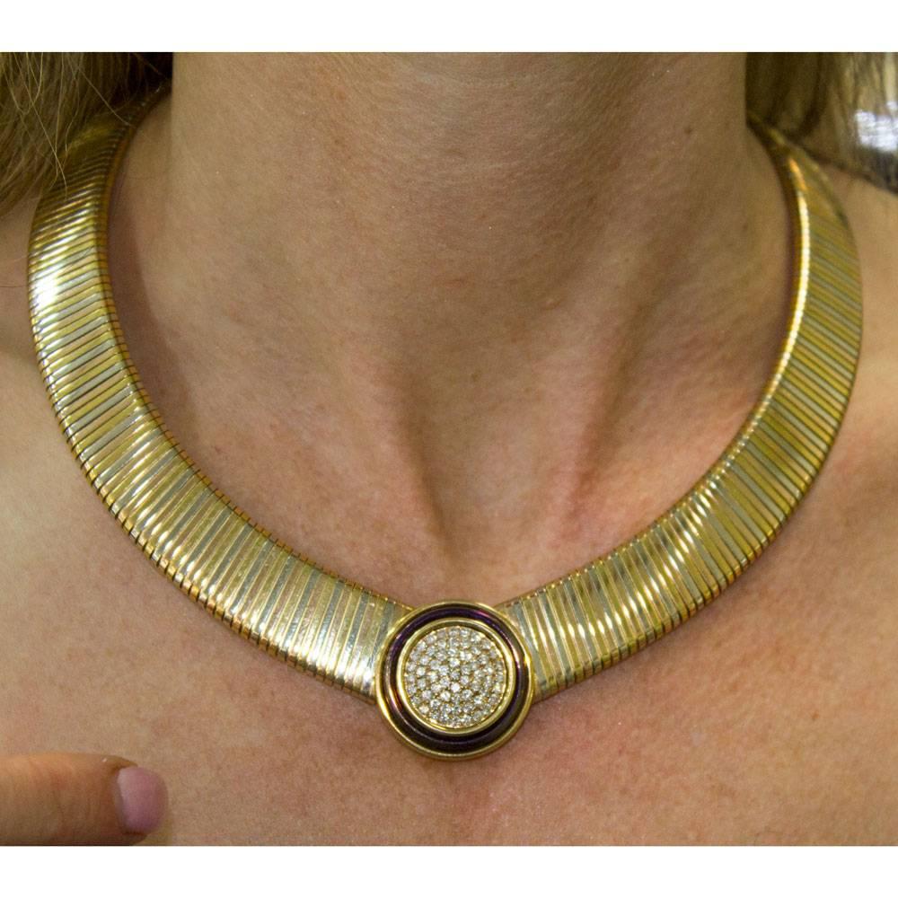 Round Cut 1970s Italian Diamond Tubegos 18 Karat Tri Color Gold Necklace
