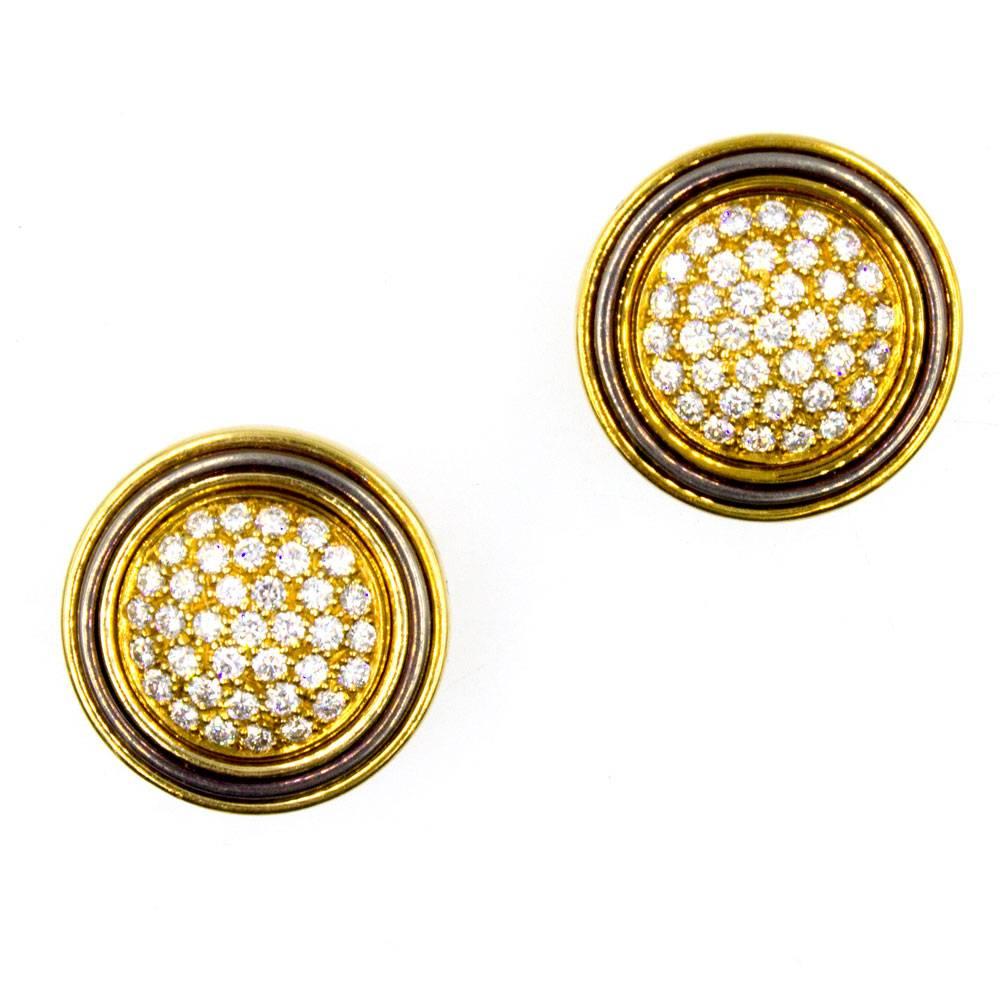 Italian 1970s Pave Diamond Button 18 Karat Two-Tone Gold Clip Earrings