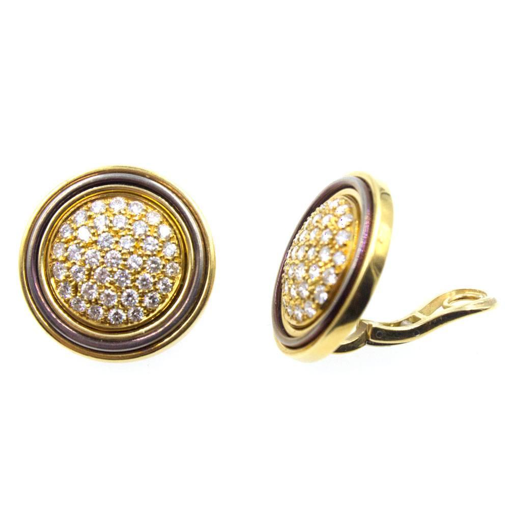 Modern Italian 1970s Pave Diamond Button 18 Karat Two-Tone Gold Clip Earrings