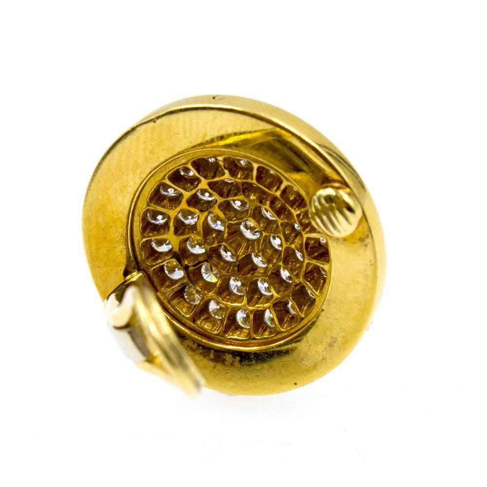 Round Cut Italian 1970s Pave Diamond Button 18 Karat Two-Tone Gold Clip Earrings