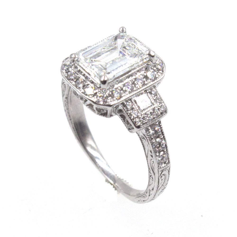 Modern Emerald Cut Diamond Halo Engagement Ring GIA Certified