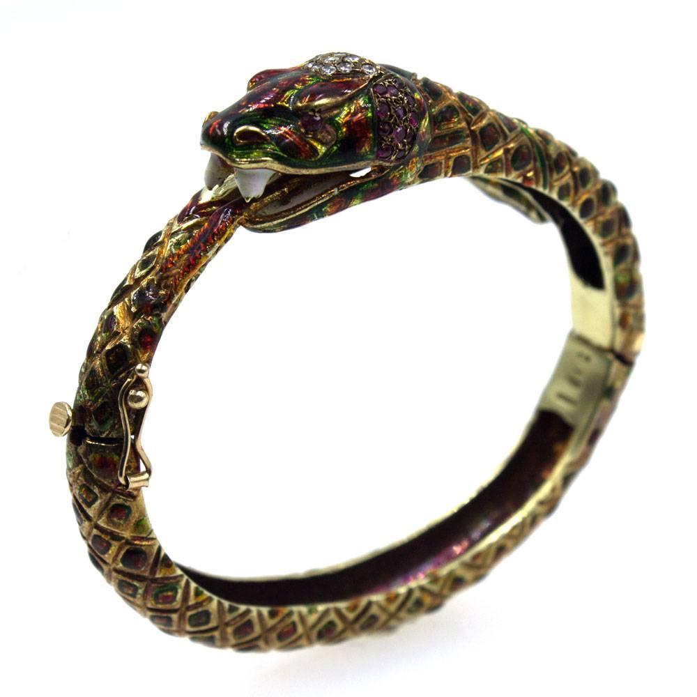 1950s Enamel Diamond Ruby 18 Karat Yellow Gold Snake Bangle Bracelet In Good Condition In Boca Raton, FL
