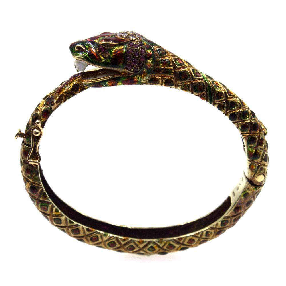 Women's 1950s Enamel Diamond Ruby 18 Karat Yellow Gold Snake Bangle Bracelet