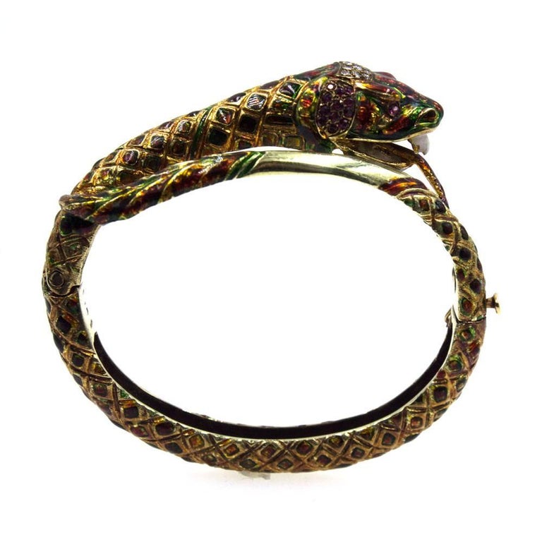 1950s Enamel Diamond Ruby 18 Karat Yellow Gold Snake Bangle Bracelet at ...