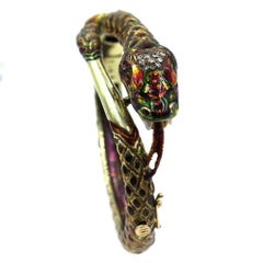 1950s Enamel Diamond Ruby 18 Karat Yellow Gold Snake Bangle Bracelet