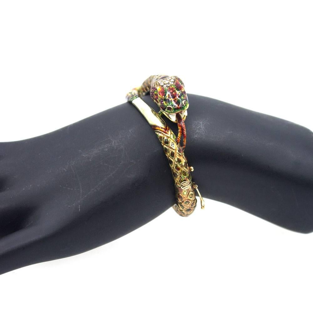 1950s Enamel Diamond Ruby 18 Karat Yellow Gold Snake Bangle Bracelet 3