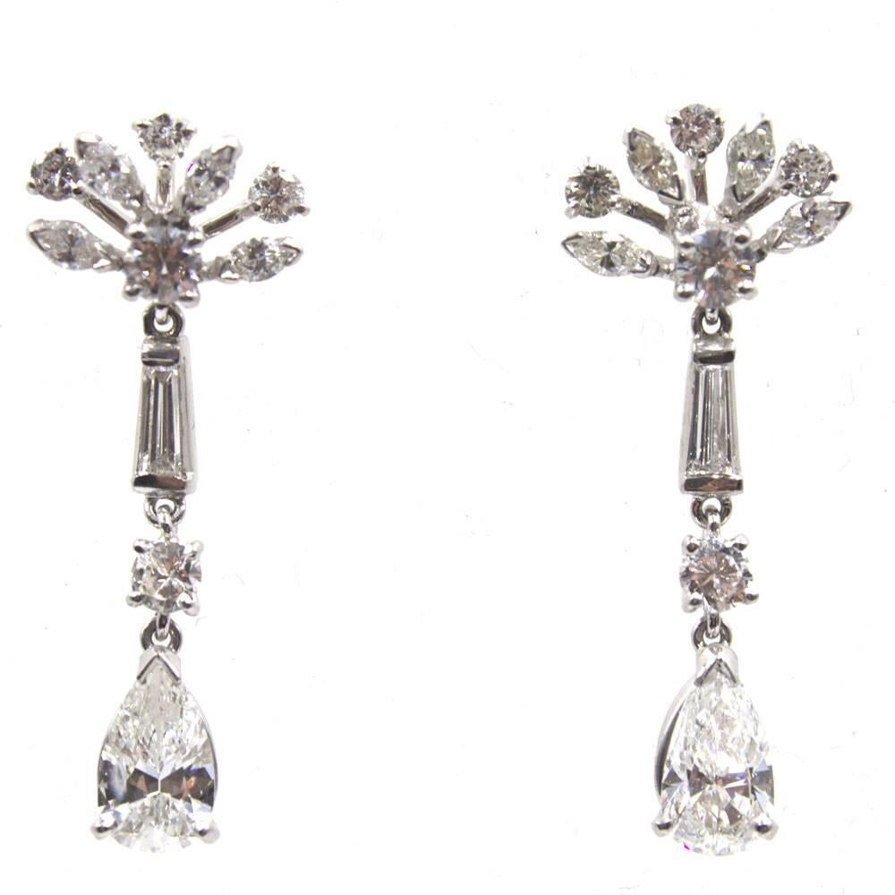 1950s Diamond Platinum Drop Earrings
