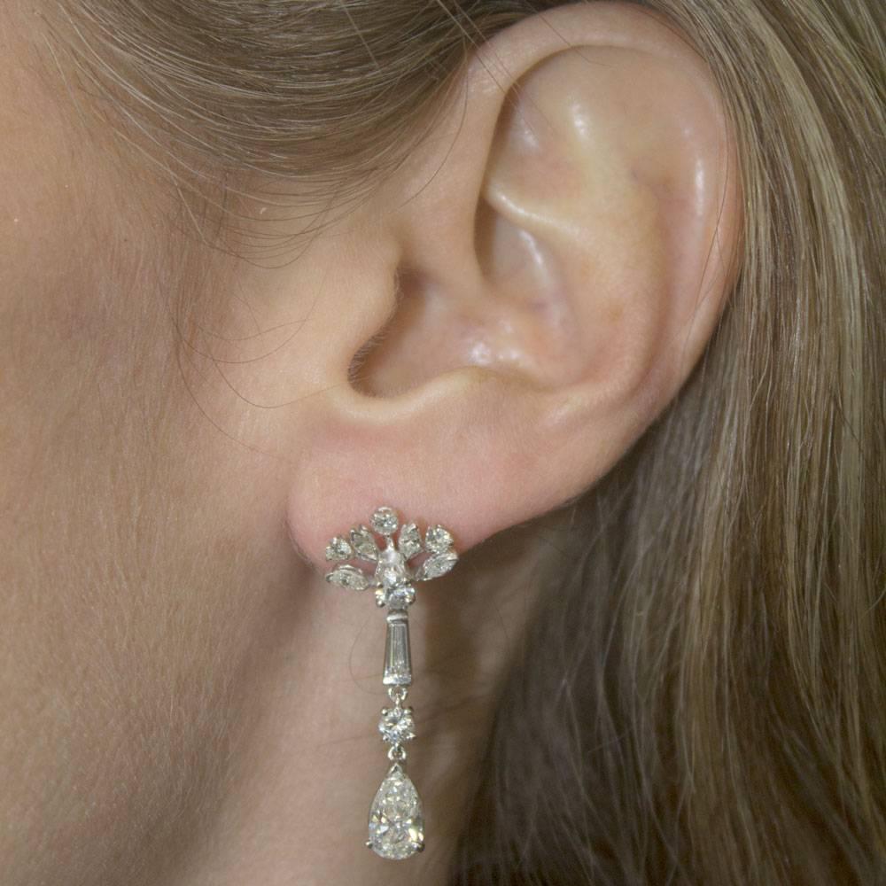 Modern 1950s Diamond Platinum Drop Earrings