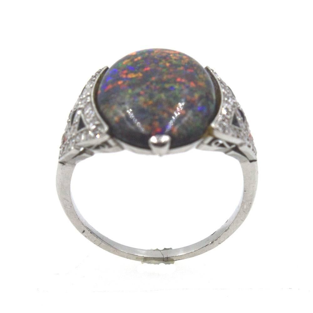 Old European Cut Art Deco Black Opal Diamond Coral Onyx Platinum Cocktail Ring