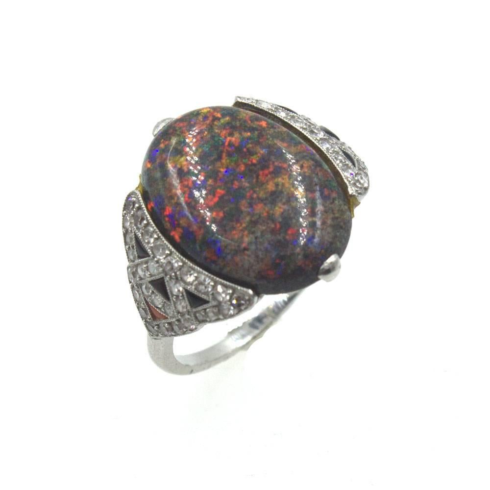 Art Deco Black Opal Diamond Coral Onyx Platinum Cocktail Ring In Excellent Condition In Boca Raton, FL