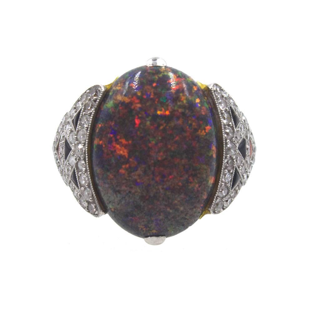 Women's Art Deco Black Opal Diamond Coral Onyx Platinum Cocktail Ring