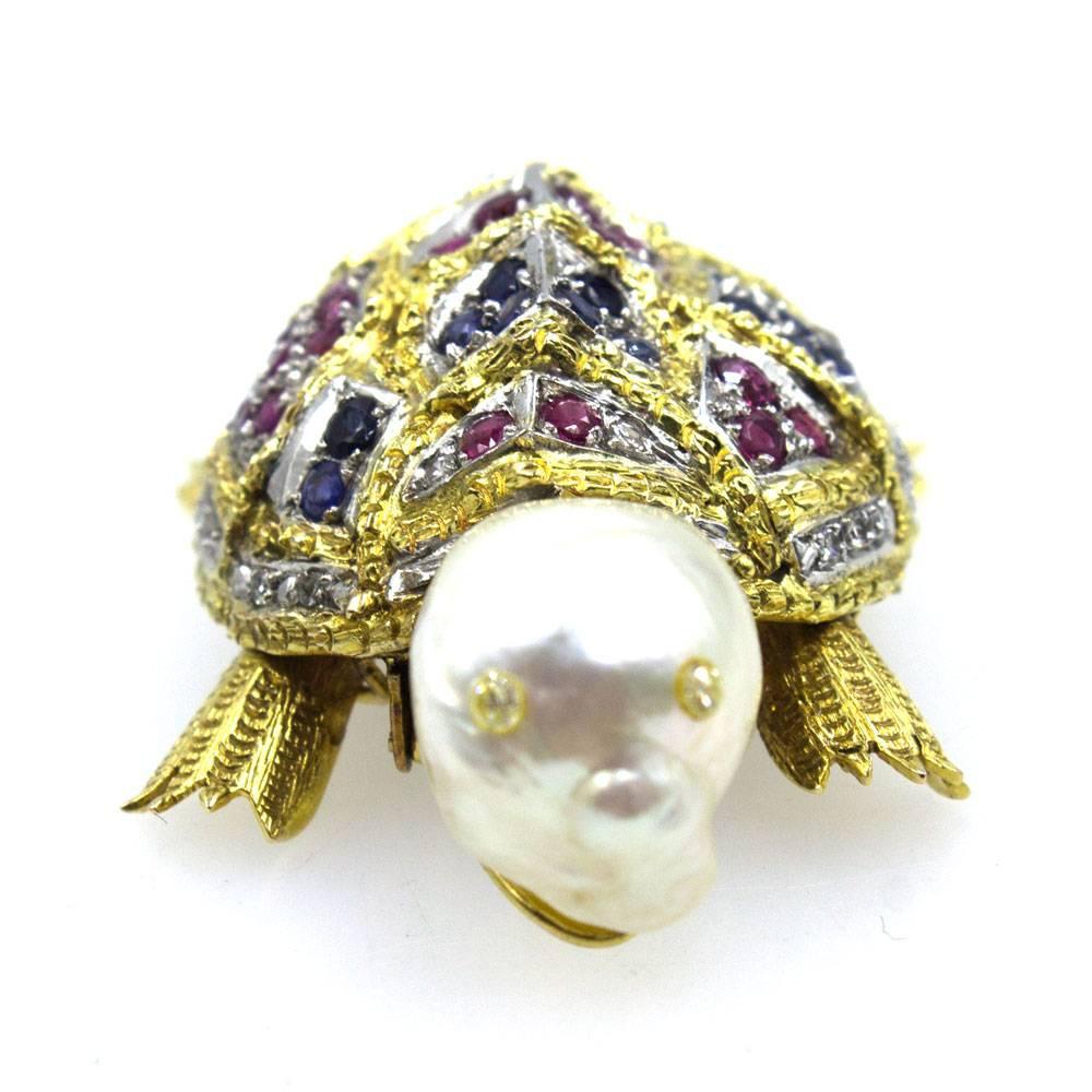 Modern Diamond Sapphire Ruby Pearl Turtle Brooch Pin