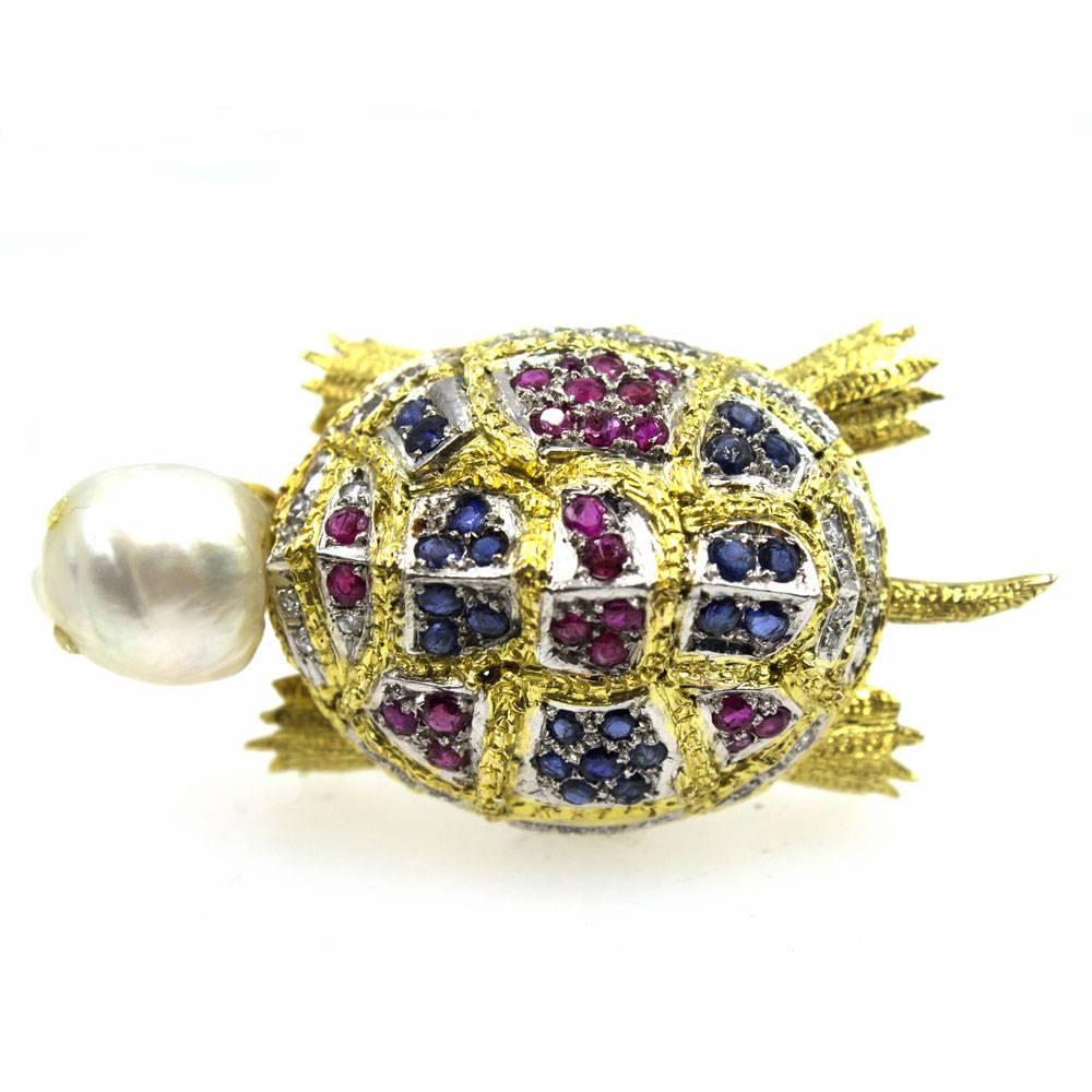 Round Cut Diamond Sapphire Ruby Pearl Turtle Brooch Pin