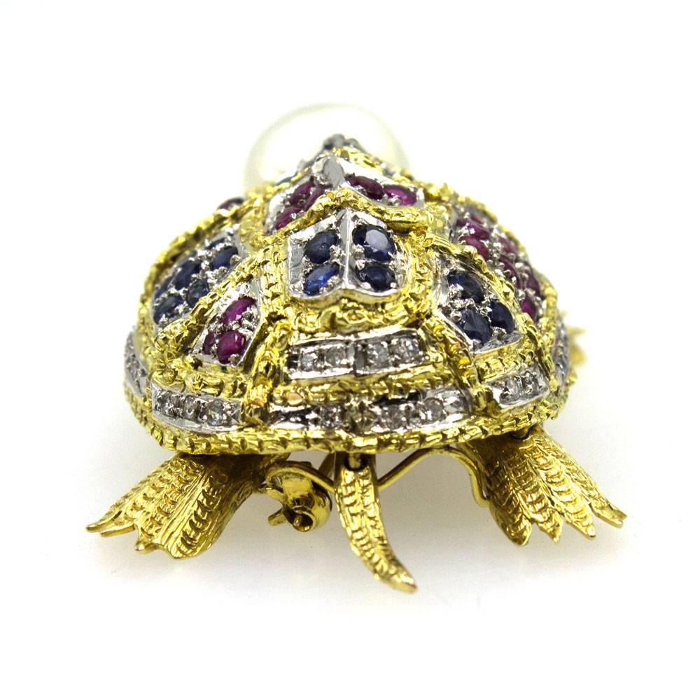 Diamond Sapphire Ruby Pearl Turtle Brooch Pin In Good Condition In Boca Raton, FL