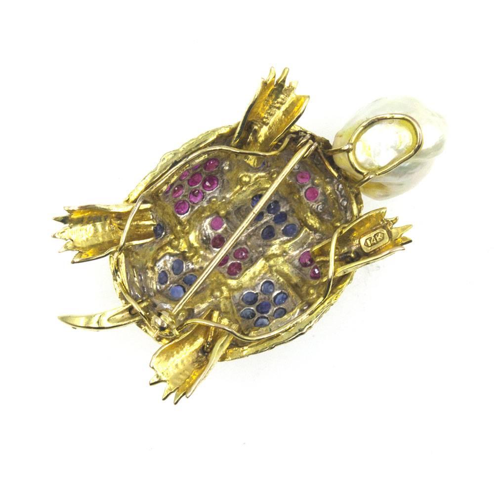 Women's or Men's Diamond Sapphire Ruby Pearl Turtle Brooch Pin