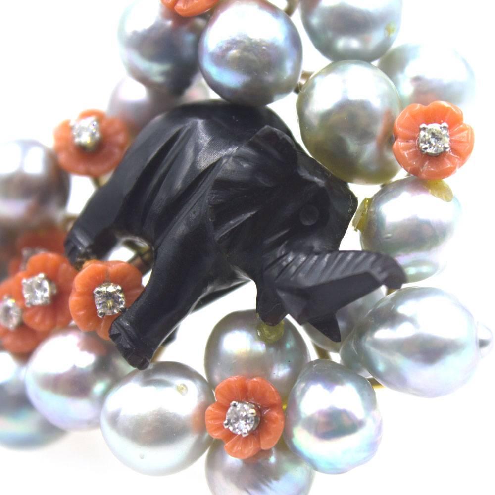 Modern 1960's Diamond Coral Pearl Carved Obsidian Elephant Pin Brooch Signed E. Pearl
