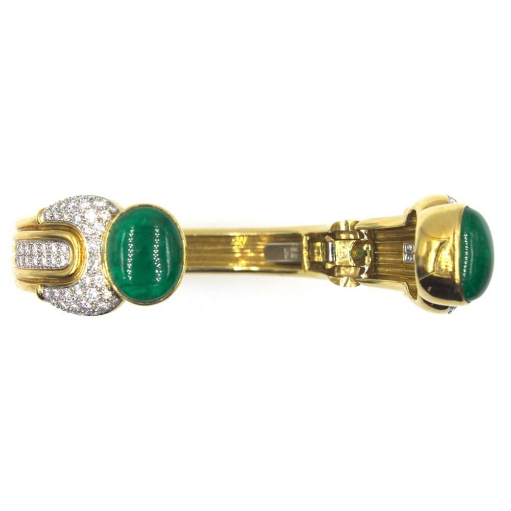 Modern 1970s Cabochon Emerald Diamond Cuff Bracelet