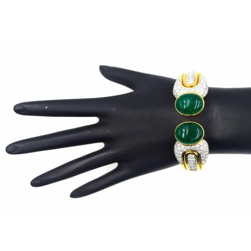 Women's 1970s Cabochon Emerald Diamond Cuff Bracelet