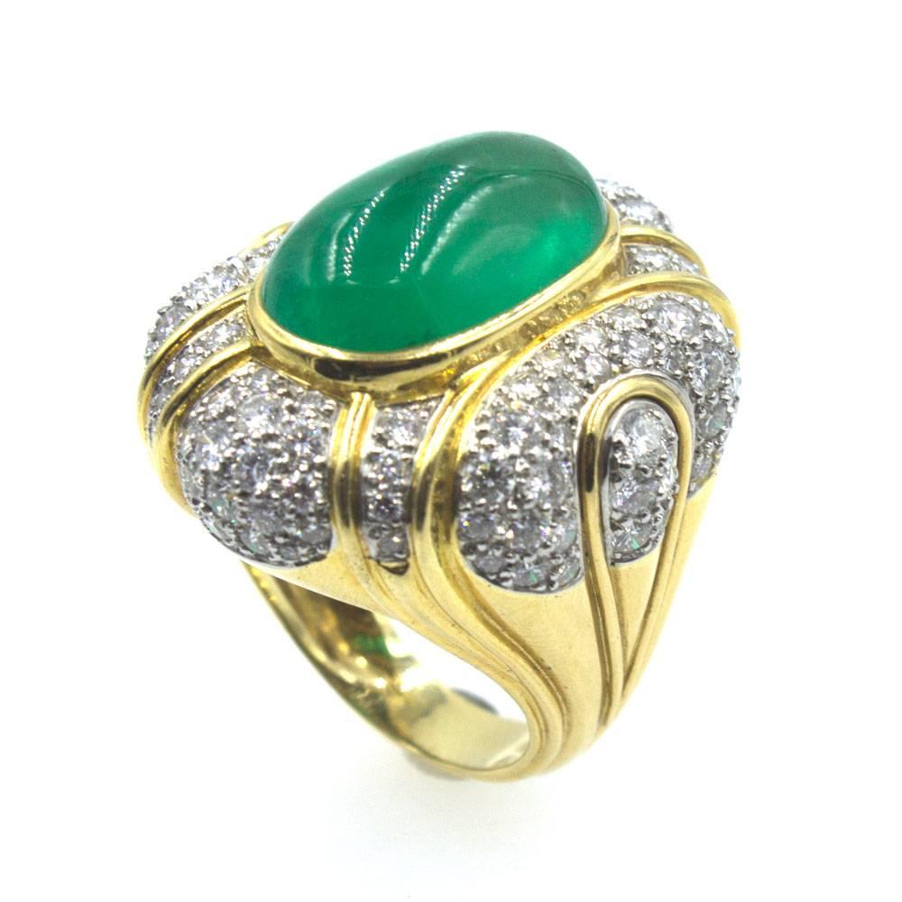 Retro 1970s Cabochon Emerald Diamond Cocktail Ring