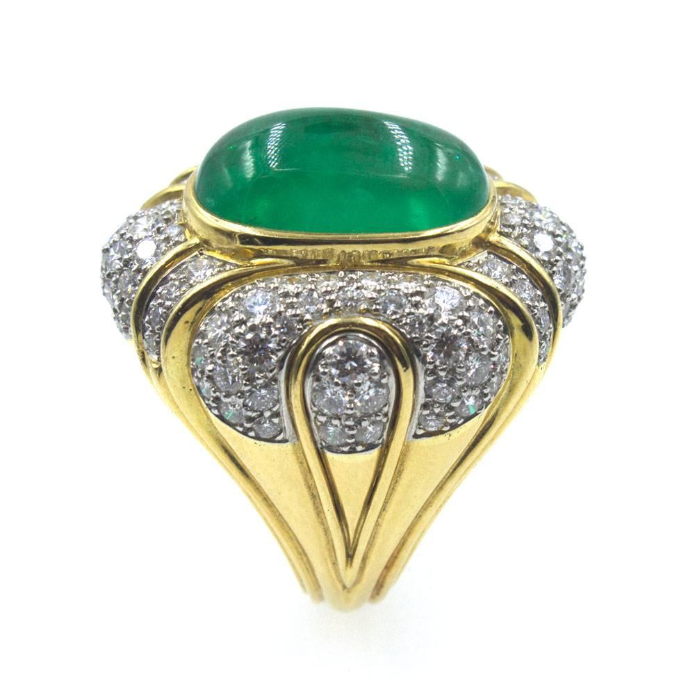 Oval Cut 1970s Cabochon Emerald Diamond Cocktail Ring