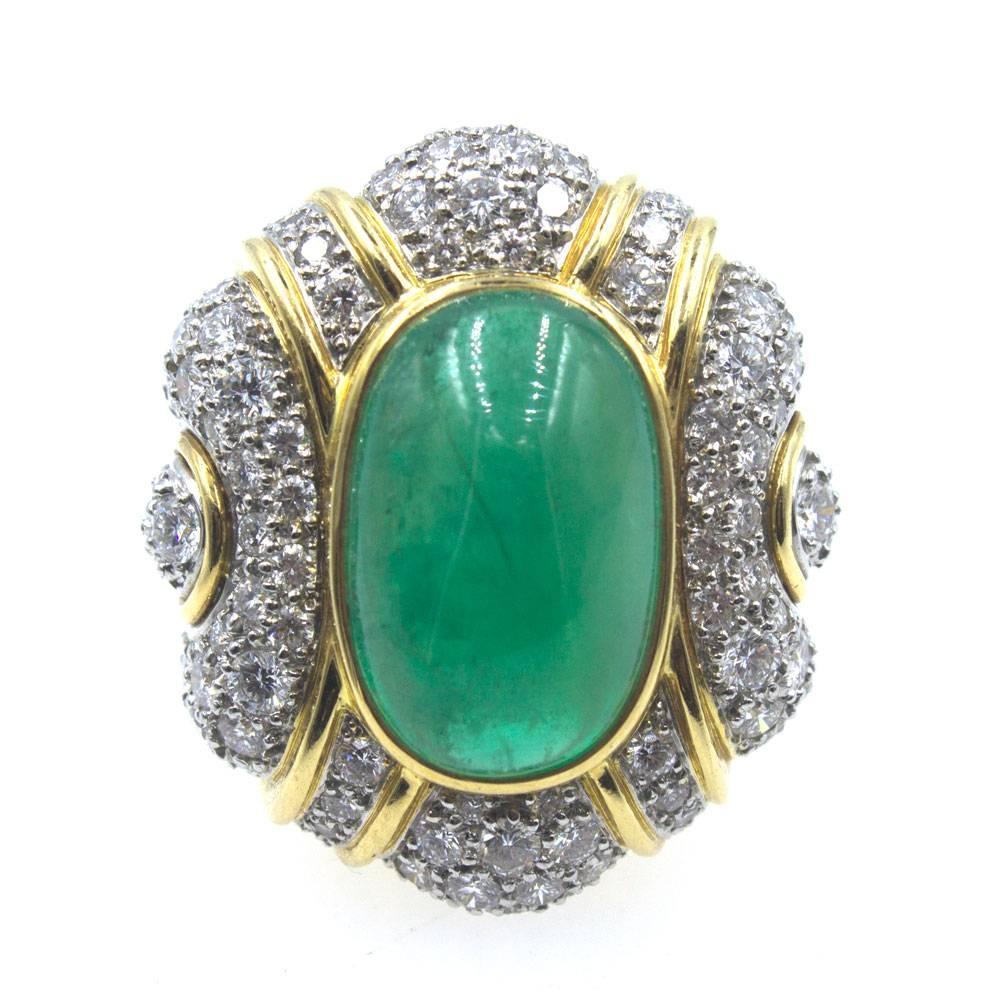 Women's 1970s Cabochon Emerald Diamond Cocktail Ring