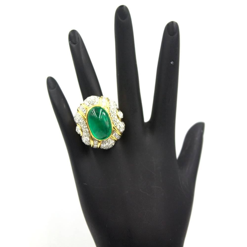 1970s Cabochon Emerald Diamond Cocktail Ring 1