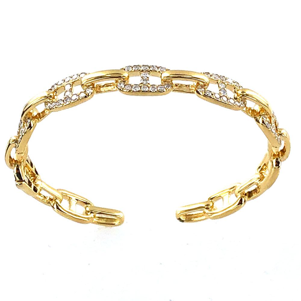 Round Cut Modern Diamond Anchor Link Hinged 18 Karat Yellow Gold Cuff Bracelet