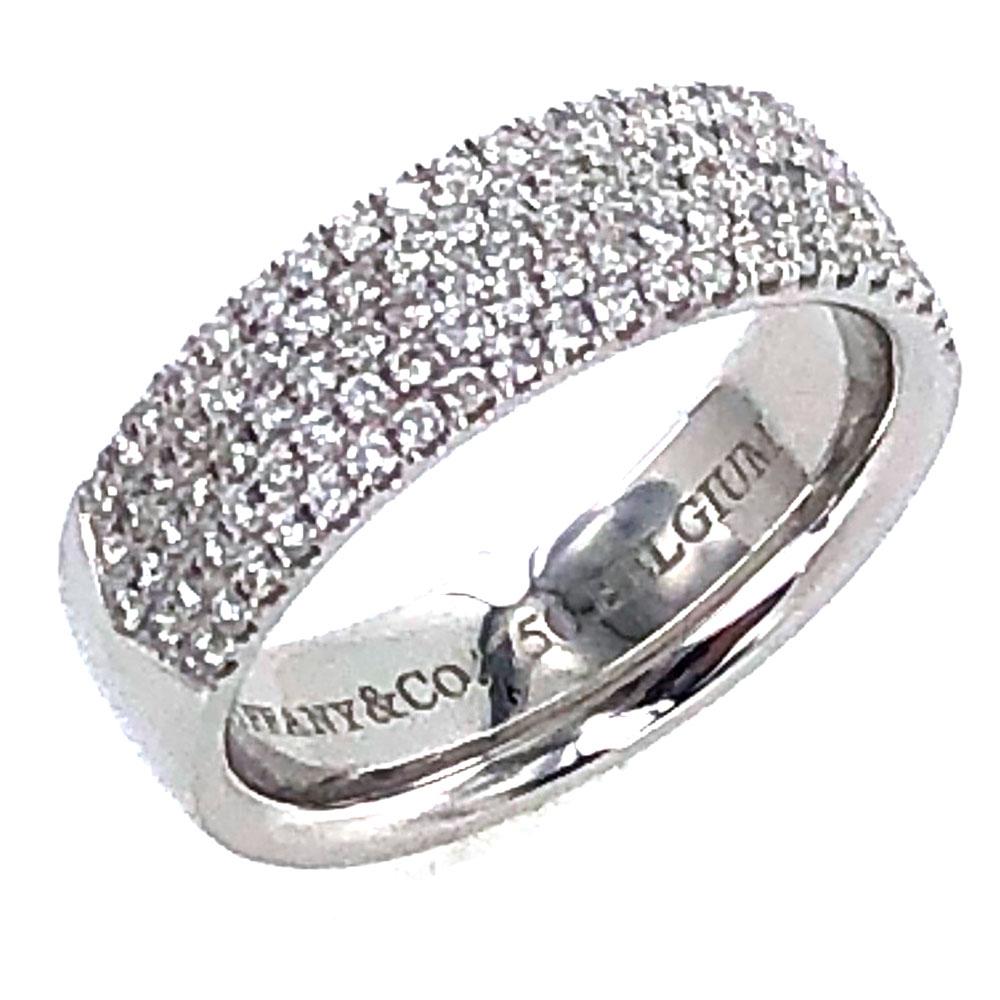 From the popular Tiffany Metro Collection. This 18K white gold Tiffany & Co. Five-Row band features 1.30 carats of round brilliant diamonds. The 5 row ring is size 7.75, signed Tiffany & Co. 750 Belgium. Comes in original Tiffany ring box. 