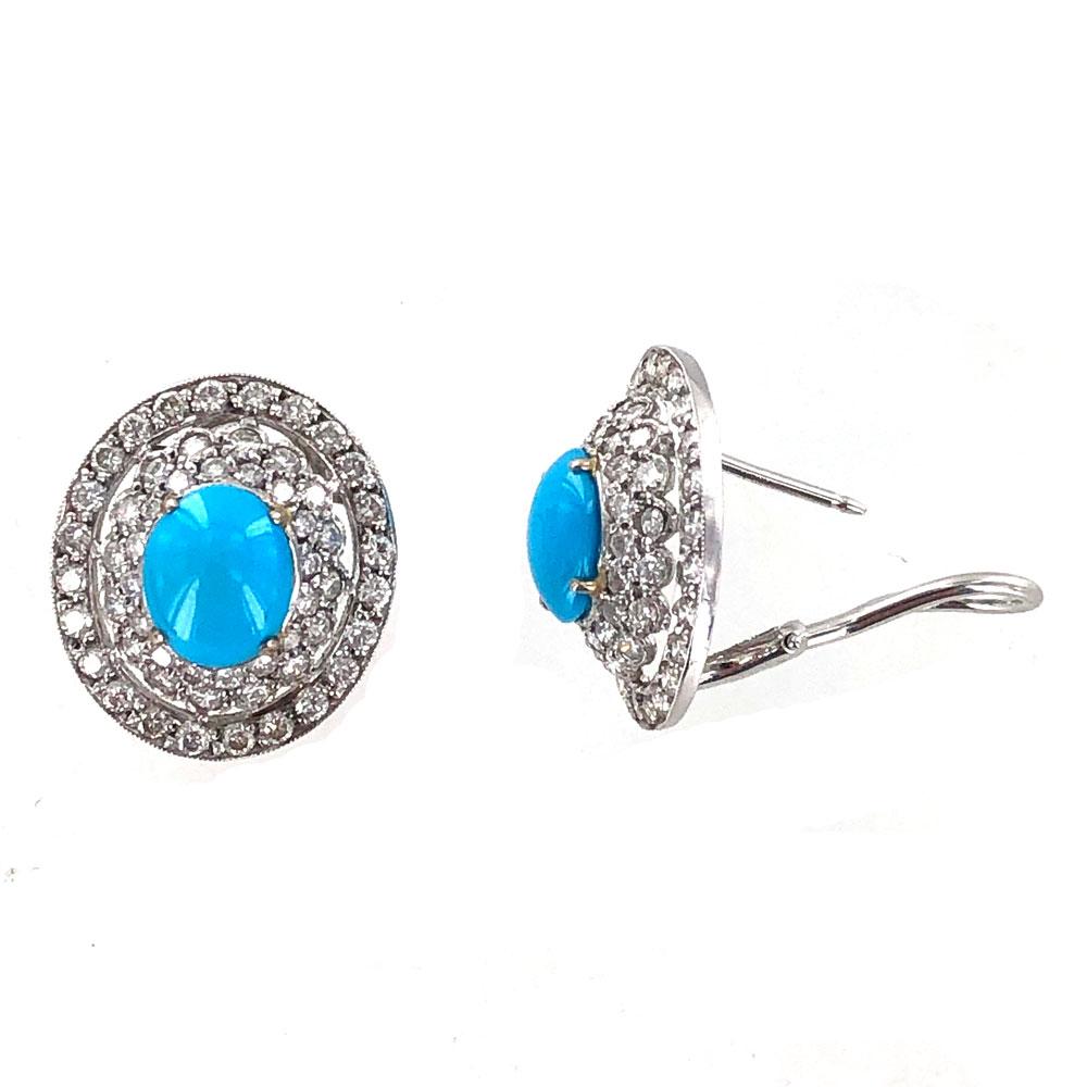 Round Cut Persian Turquoise Diamond Platinum Earrings