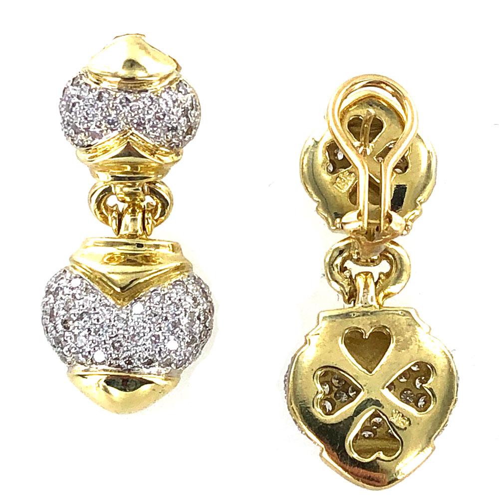 Pave Diamond 18 Karat Two-Tone Gold Drop Earrings In Excellent Condition In Boca Raton, FL