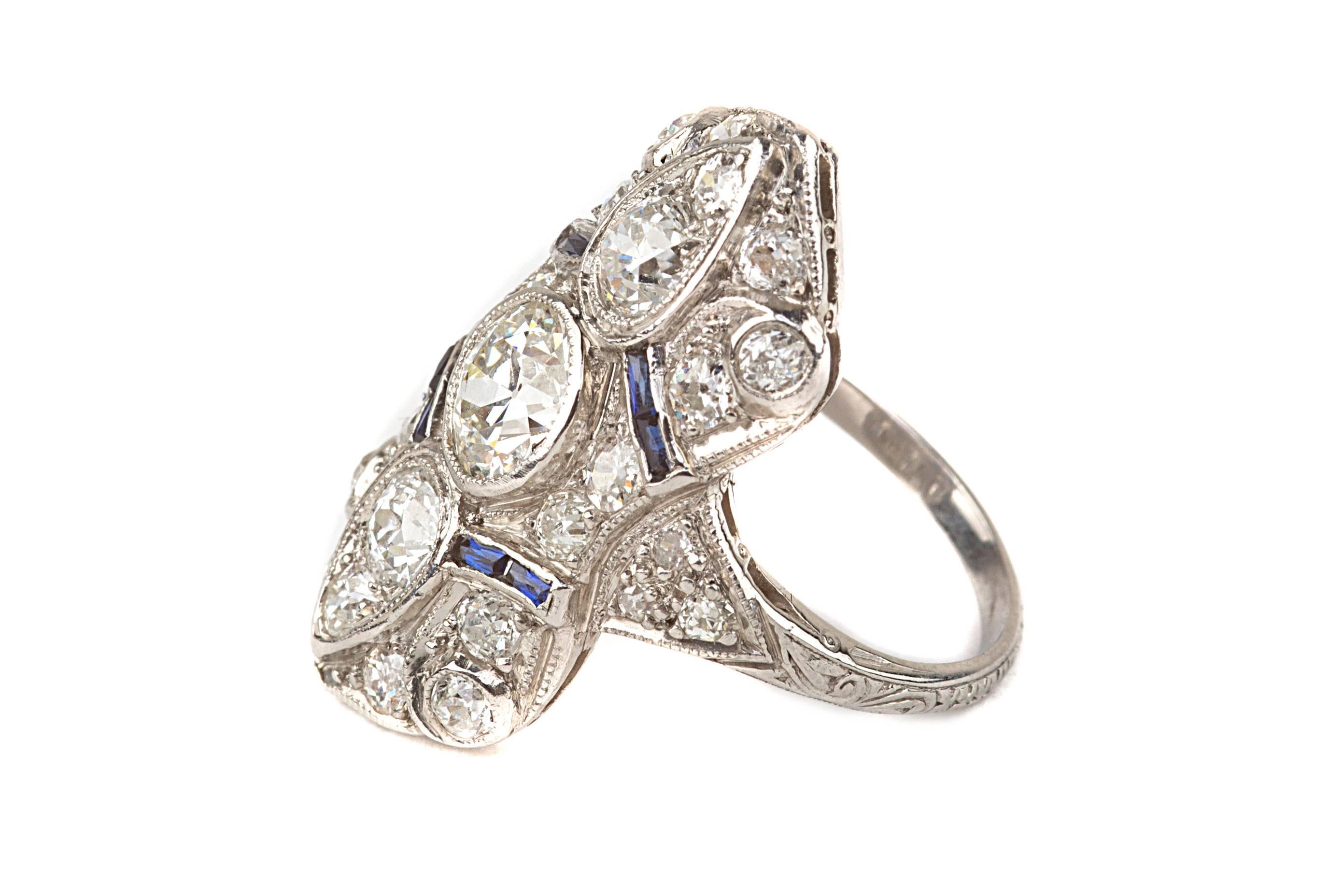 Old European Cut 1930s Art Deco Sapphire Diamond Platinum Cocktail Ring