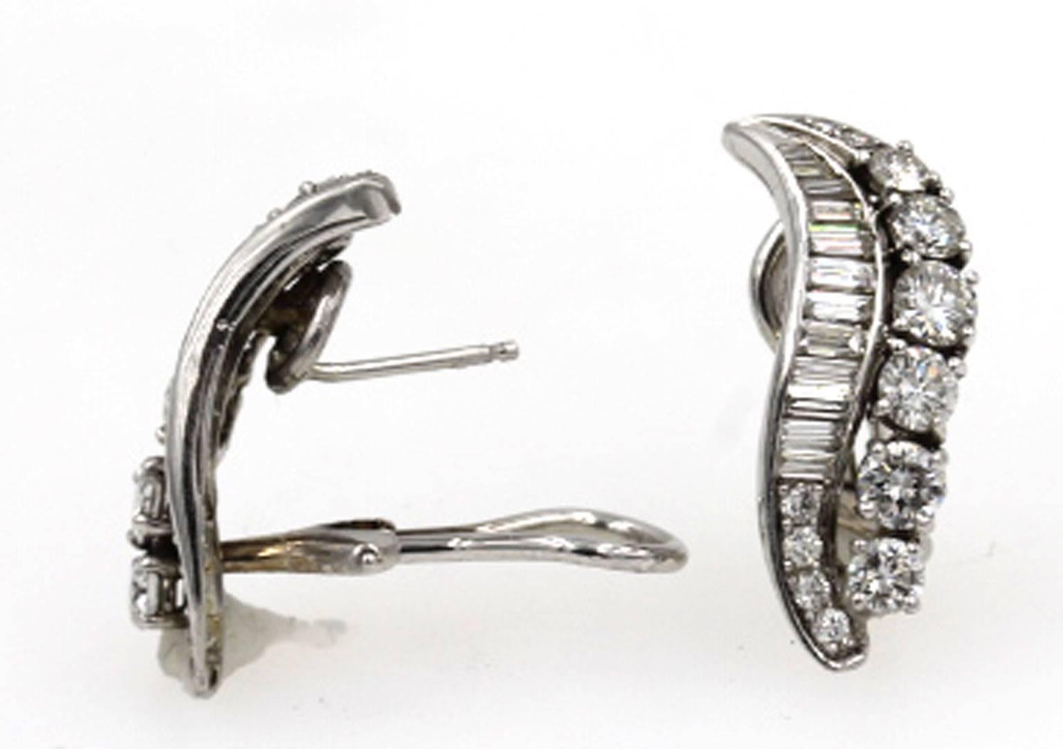 Diamond Vintage Platinum Leaf Motif Earrings In Excellent Condition In Boca Raton, FL