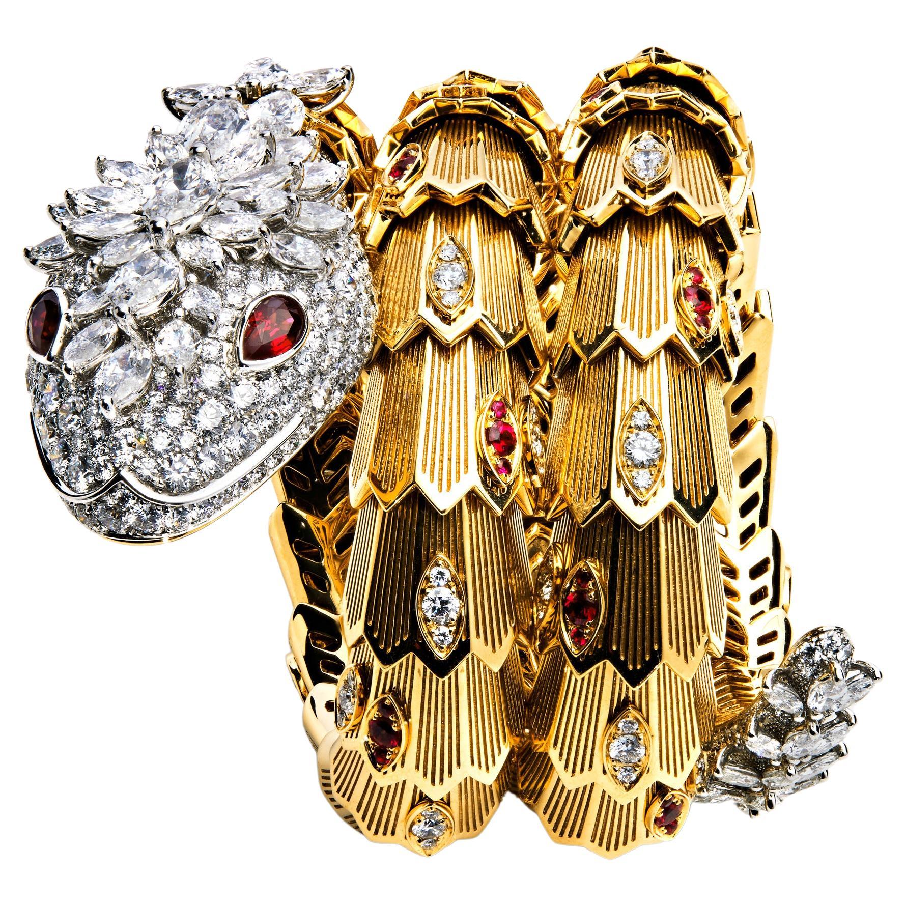 Bvlgari 18 Karat Gold Diamond and Mother of Pearl Serpenti Bangle Bracelet Bulgari at 1stDibs