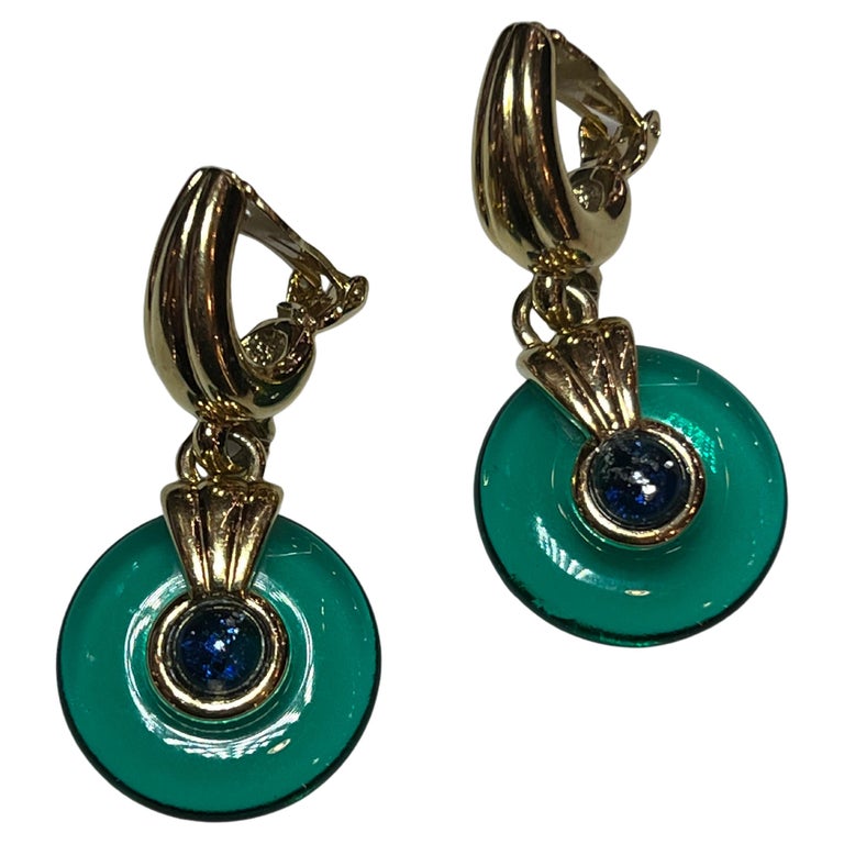 Vintage circa 1980s Hoop Art Glass Gold Plated Drop Clip Earrings For