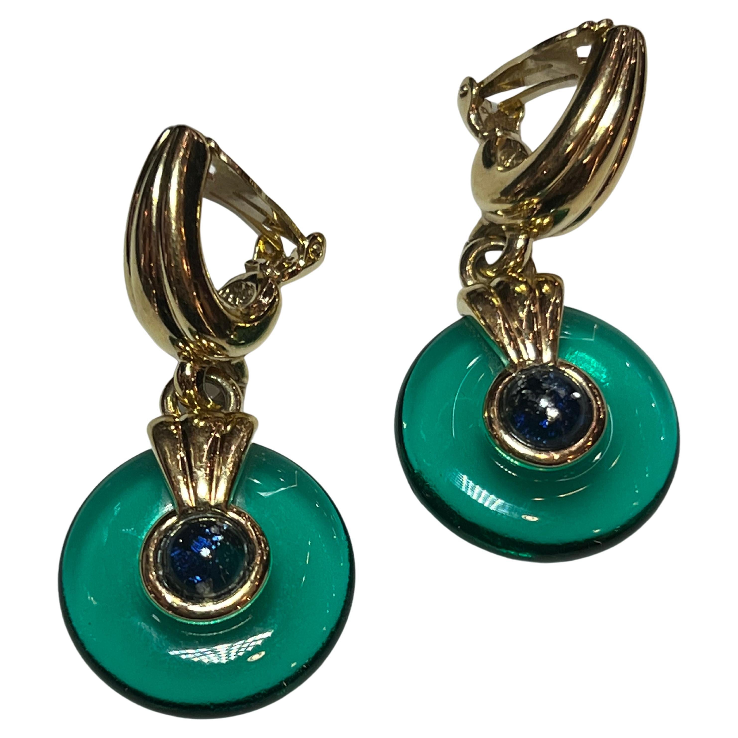 Retro Vintage circa 1980s Hoop Art Glass Gold Plated Drop Clip Earrings