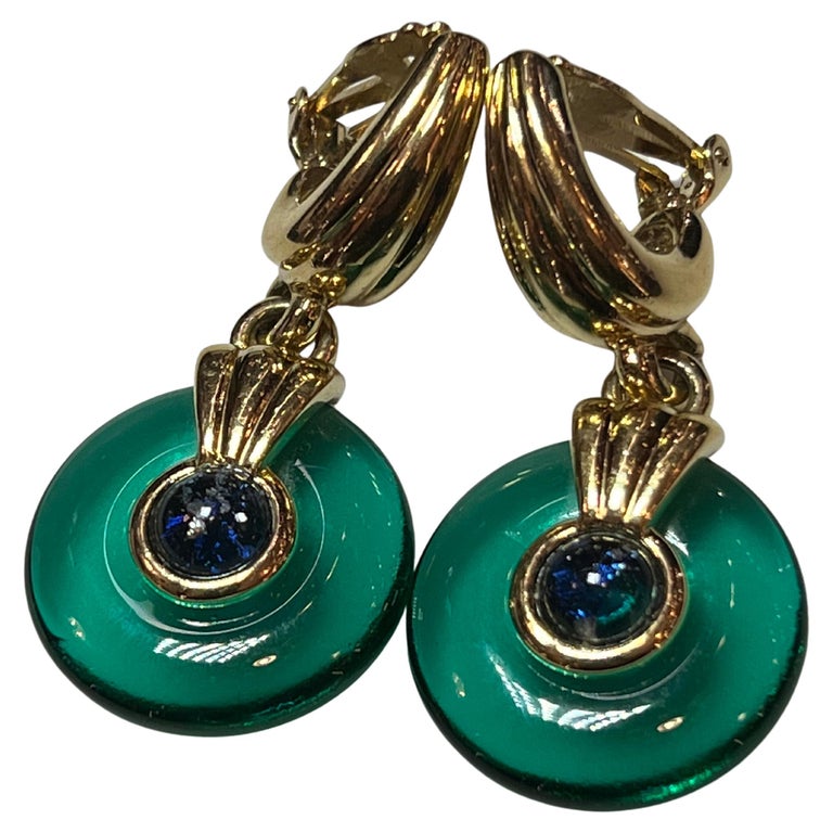 Vintage circa 1980s Hoop Art Glass Gold Plated Drop Clip Earrings For Sale at 1stDibs