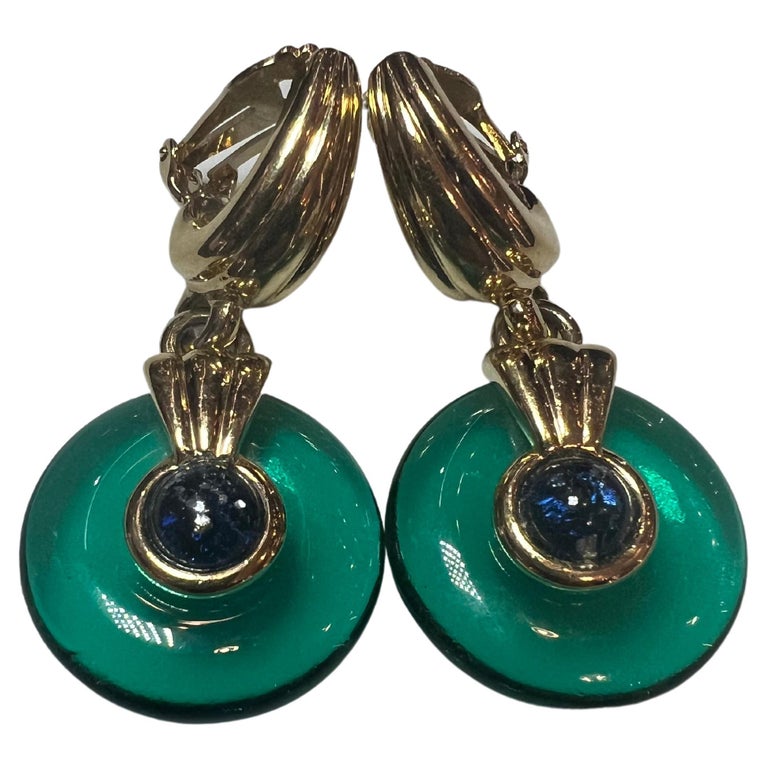 Vintage circa 1980s Hoop Art Glass Gold Plated Drop Clip Earrings For