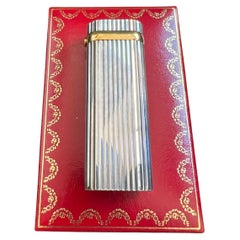 90s Le Must de Cartier Vintage Silver “Godron” Lighter, Sapphire Cabochon & Gold