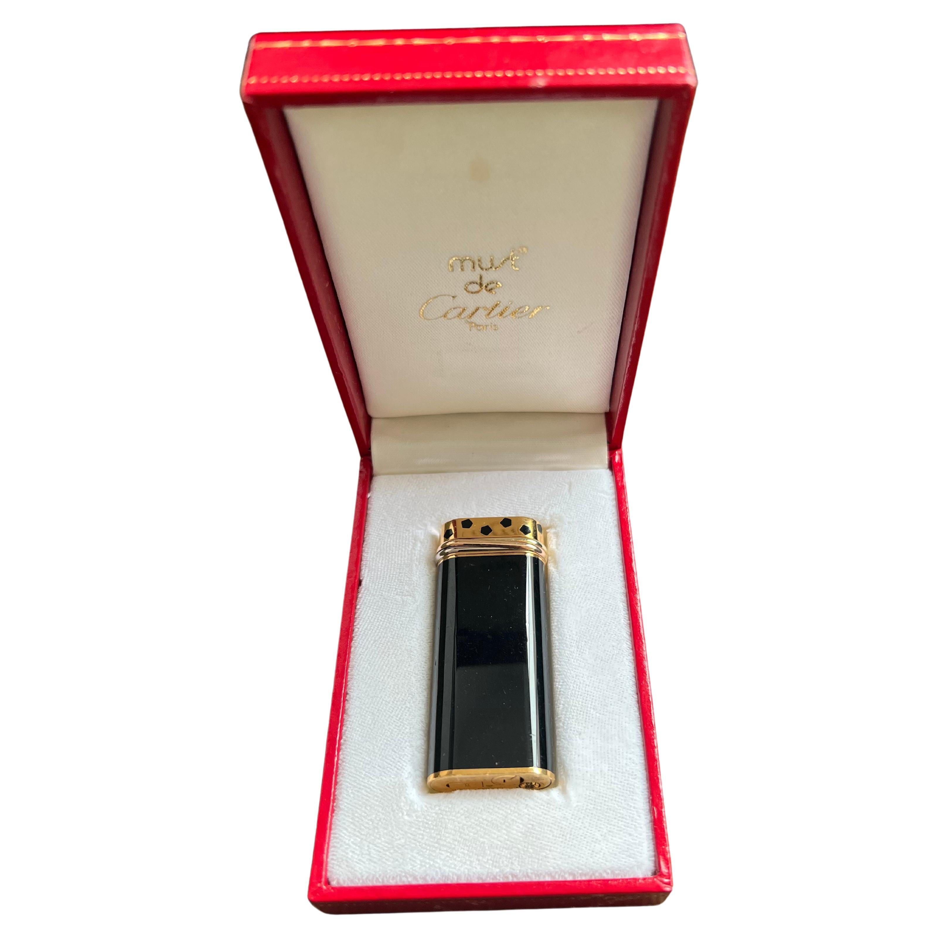 Le Must De Cartier Rare Vintage Retro “Trinity” Black Lacquer & Gold Lighter