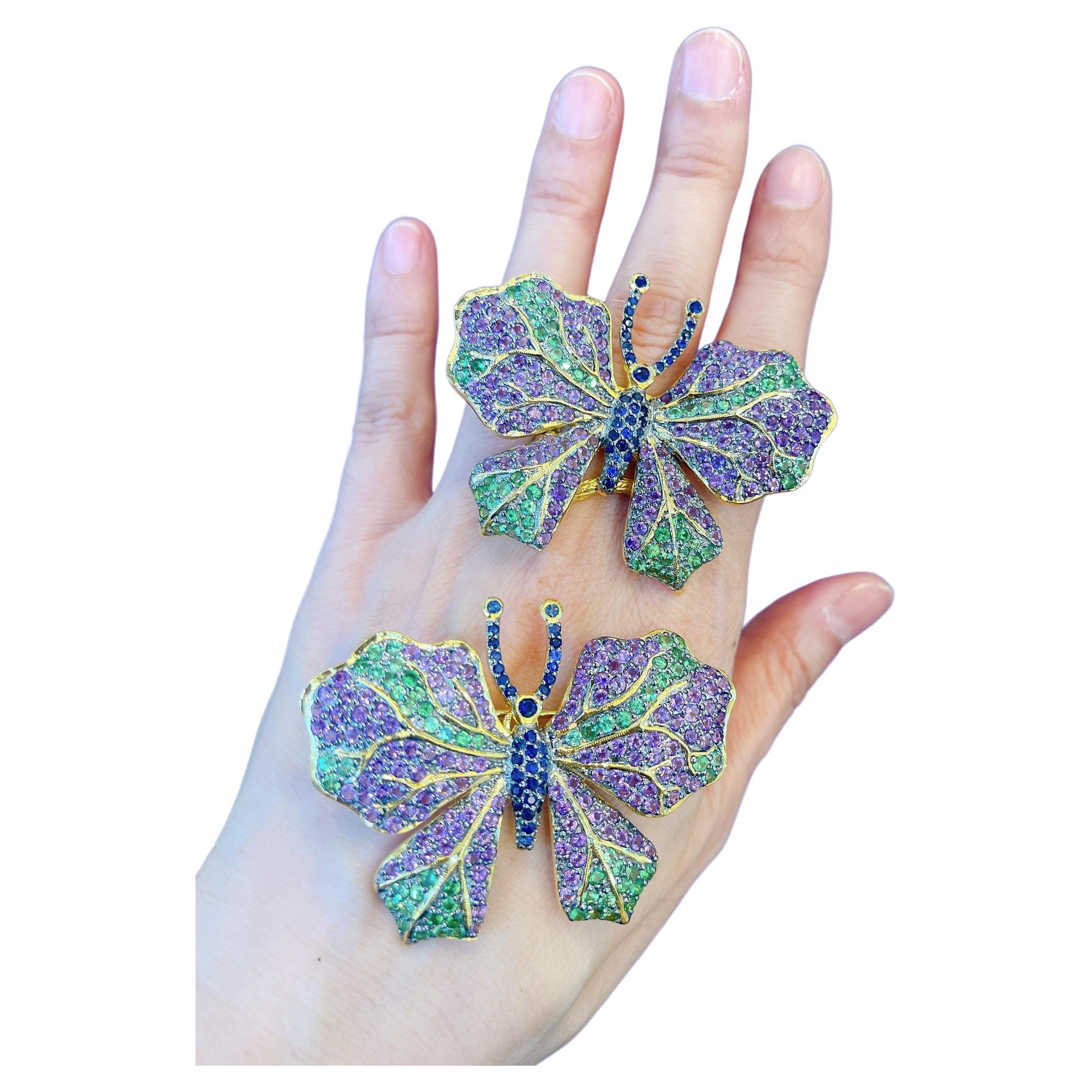 Bochic “Orient”  Multi Natural Sapphire Fancy Candy Gem Butterfly Brooch or Ring For Sale